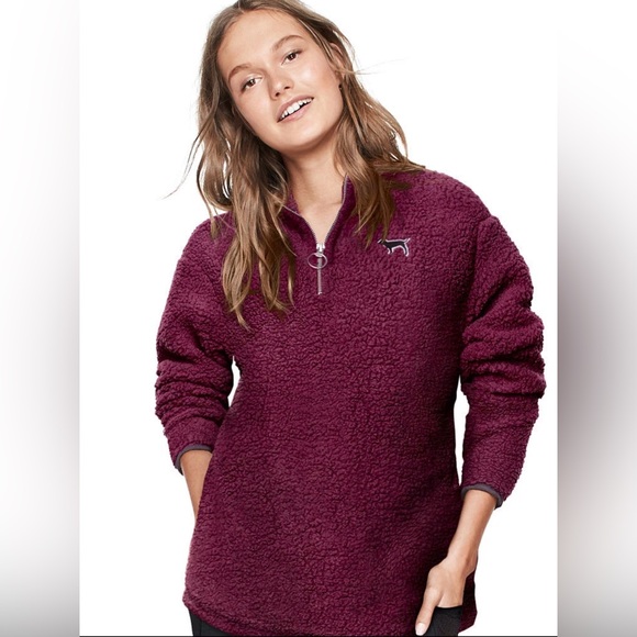 Victoria’s Secret PINK boyfriend Sherpa Quarter-Zip Pullover sweater - Picture 1 of 4